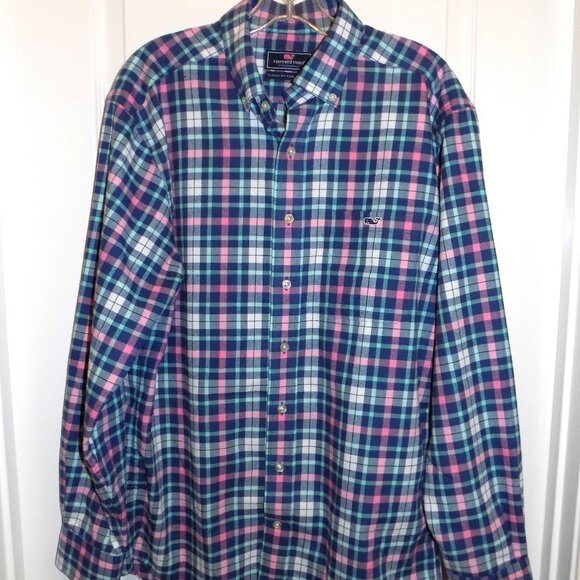 VINEYARD VINES Mens Medium Flannel Plaid Blue Pink Classic Tucker Fit Excellent - Picture 1 of 3